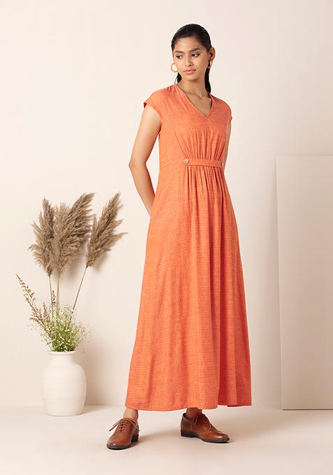 Orange Stretch Waist Maxi Dress 