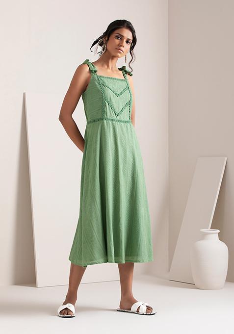 Buy Women Sage Lacy Tie Shoulder Dress - Dresses - Indya