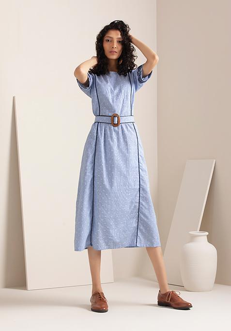 Blue Striped Belted Embroidered A-Line Dress 