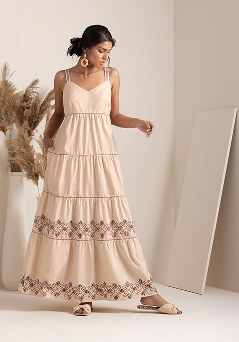 Beige Embroidered Tiered Maxi Dress