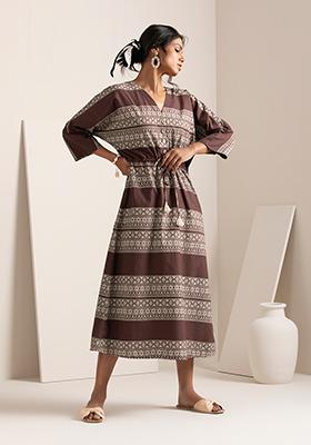 Brown Printed Drawstring Kaftan Dress