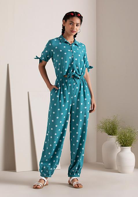 Turquoise Polka Knotted Shirt Jumpsuit