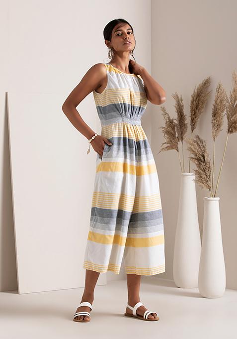Yellow Grey Striped Culotte Jumpsuit 