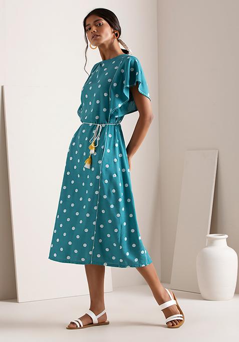 Turquoise Floral Polka Belted Straight Dress 