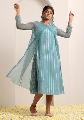Blue Striped Chanderi Dress with Organza Jacket 