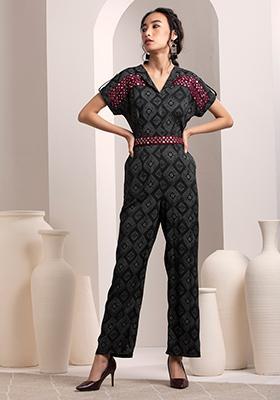 Black Shibori Printed Embroidered Jumpsuit 