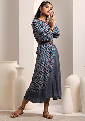Blue Ajrakh Printed Belted A-Line Dress 