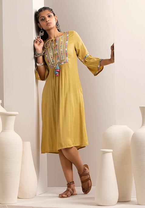 Yellow Embroidered Gathered A-Line Dress 