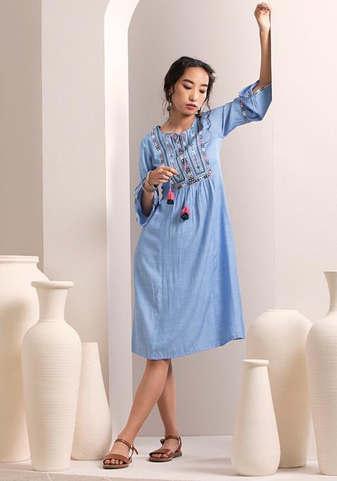 Blue Embroidered Gathered A-Line Dress 