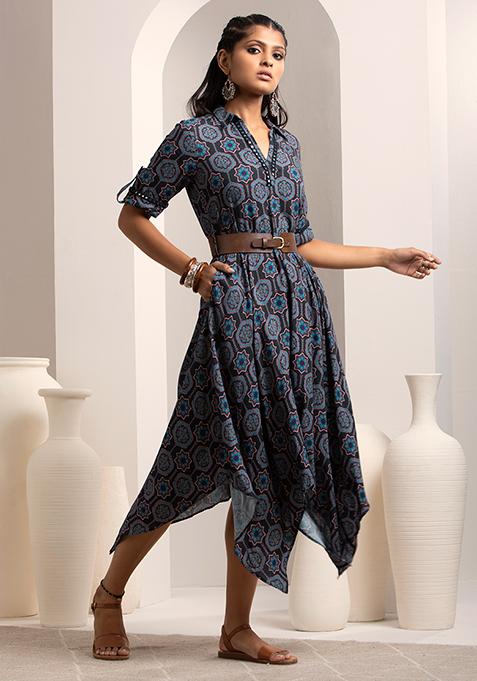 Navy Ajrakh Printed High Low Dress with Belt 