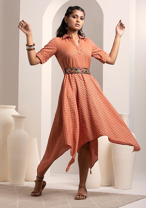 Coral Chevron High Low Dress with Belt 