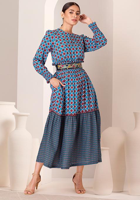 Blue Ajrakh Printed Belted Maxi Dress 