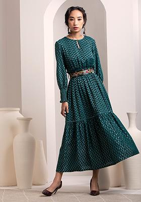 Teal Chevron Belted Maxi Dress 