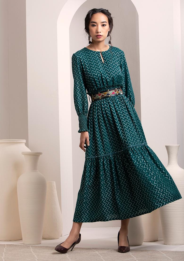 Women Dark Green Silver Foil Print Anarkali Maxi Dress, मैक्सी ड्रेस -  NOZ2TOZ, New Delhi | ID: 2849143971933