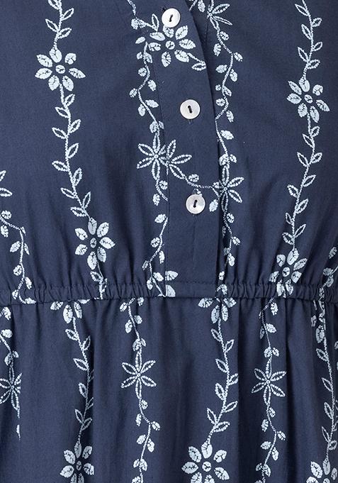 Buy Women Navy Cotton Floral Tiered Dress - Dresses - Indya