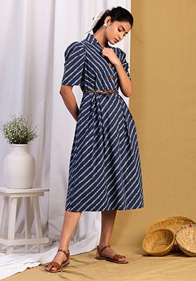 Navy Cotton Striped Dress with Leather Belt  