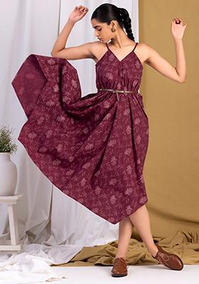 Maroon Floral Belted High Low Dress 