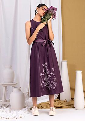 Purple Embroidered Belted Maxi Dress 