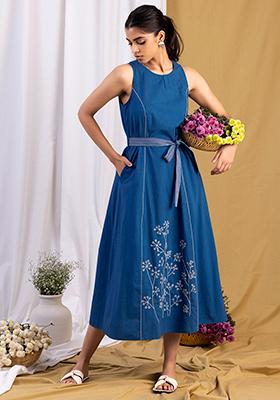 Blue Embroidered Maxi Dress With Belt