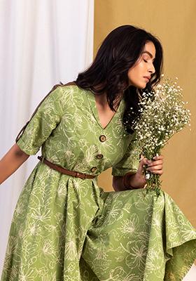 Green Floral A-Line Dress with Leather Belt 