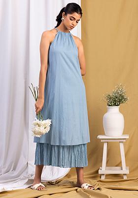 Blue Cotton Mul Halter Maxi Dress 