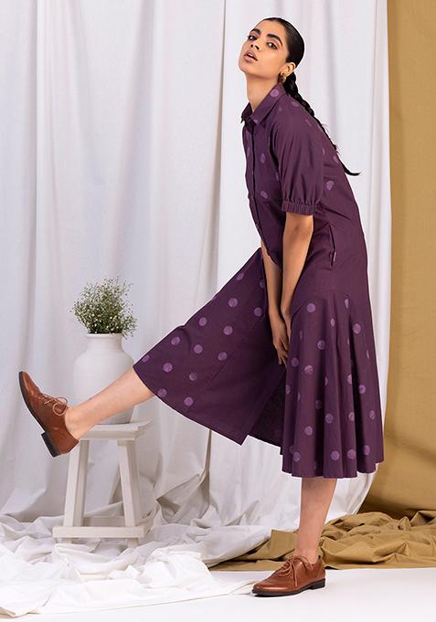 Purple Cotton Polka Shirt Dress 