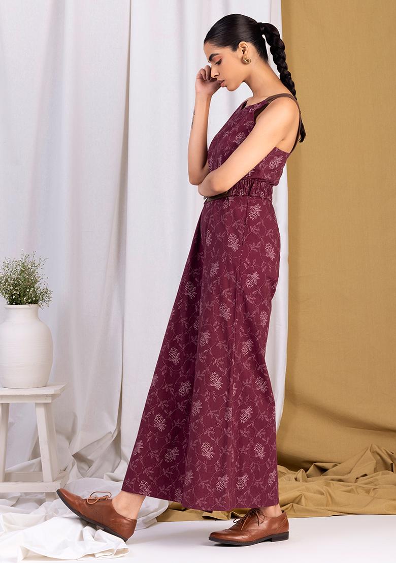 Buy Women Maroon Floral Leather Strap Jumpsuit All Year Festive Indya