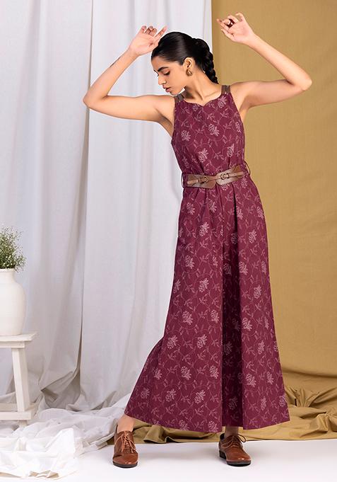 Maroon Floral Leather Strap Jumpsuit
