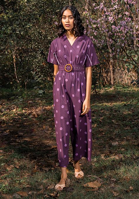 Purple Cotton Polka Belted Jumpsuit 