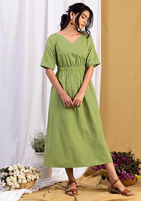 Green Cotton Elasticated Maxi Dress 