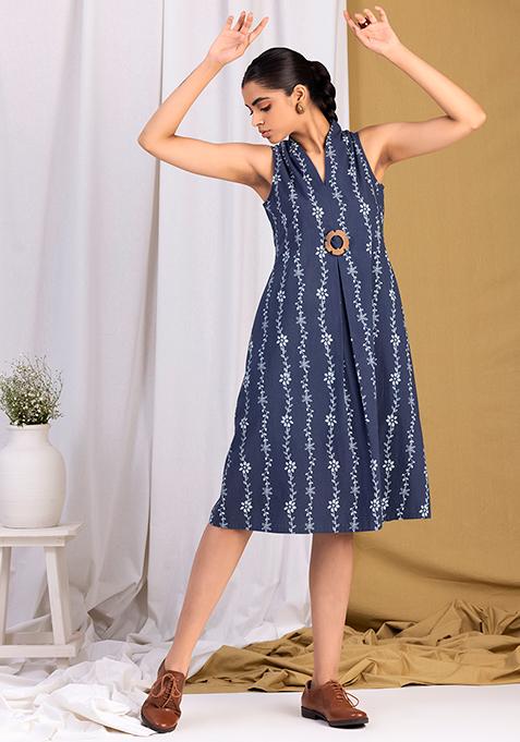 Navy Cotton Floral Buckled A-Line Tunic 