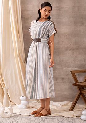 White Striped A-Line Dress with Faux Leather Belt 