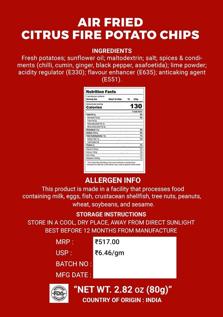 Air Fried Citrus Fire Potato Chips 2.82 oz (80 g) - Indya