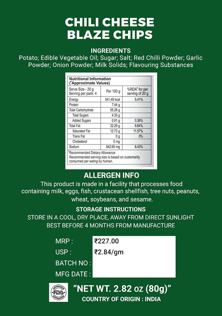 Chili Cheese Blaze Chips 2.82 oz (80 g) - Indya