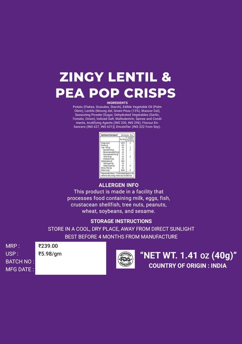 Zingy Lentil and Pea Pop Crisps  1.41 oz (40 g) - Indya