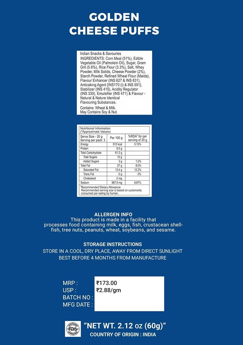 Golden Cheese Puffs 2.12 oz (60 g) - Indya