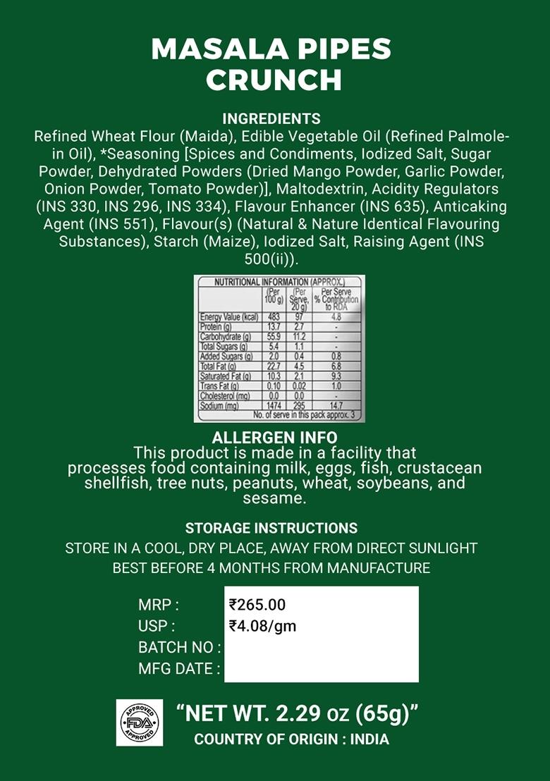 Masala Pipes Crunch 2.29 oz (65 g) - Indya
