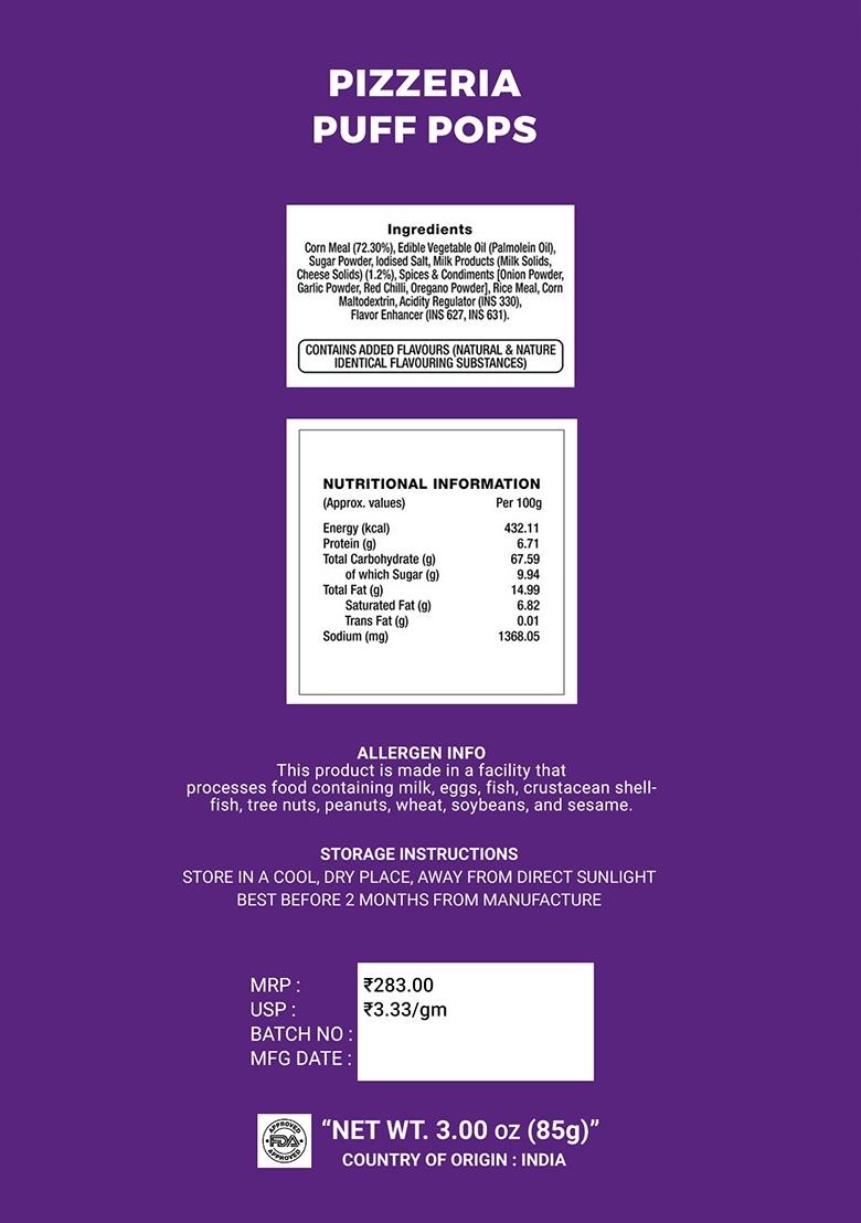 Pizzeria Puff Pops 3 oz (85 g) - Indya