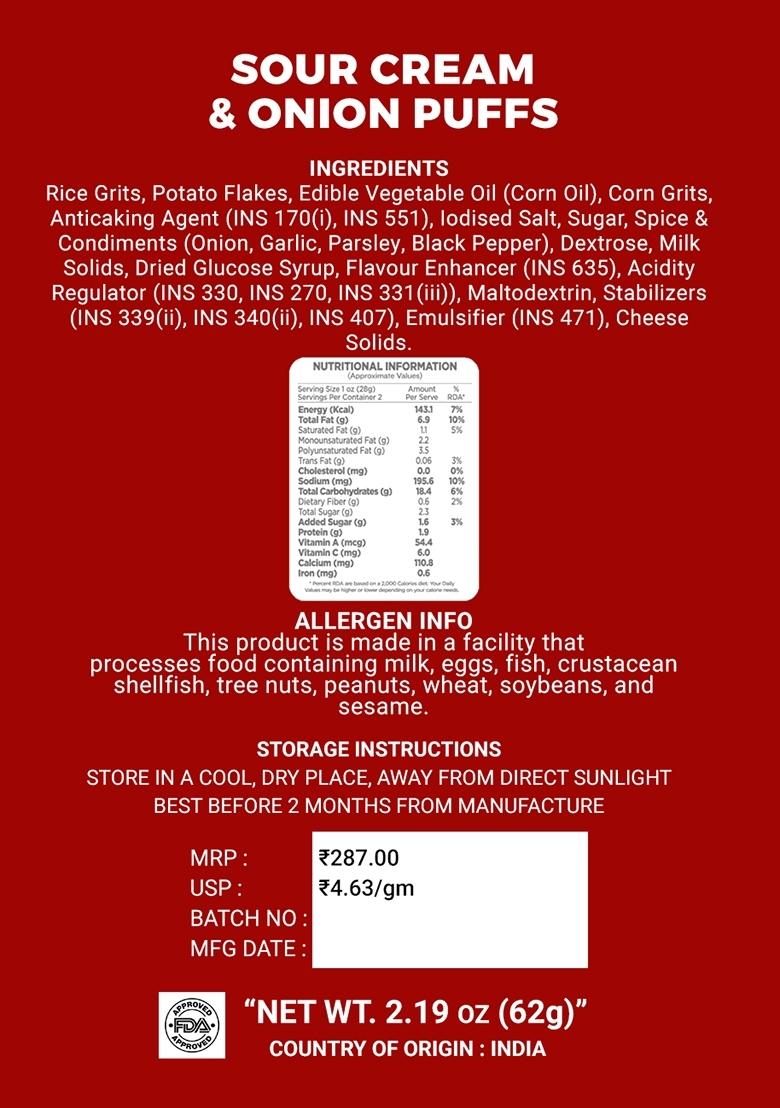 Sour Cream Onion Puffs 2.19 oz (62 g) - Indya