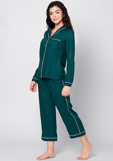 Buy Women Teal Green Pyjama Shirt Set - Pajama Sets Online India - FabAlley