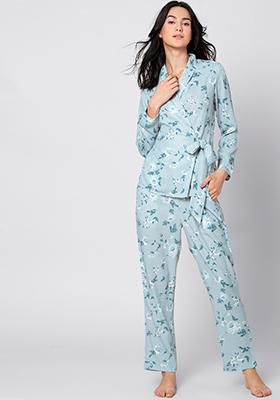 Blue Floral Belted Pyjama Set 