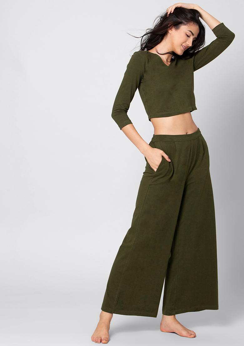 Buy Women Olive Jersey Crop Top Pyjama Set - Pajama Sets Online India ...