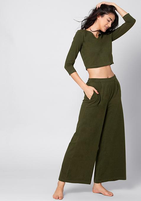 Olive Jersey Crop Top Pyjama Set 