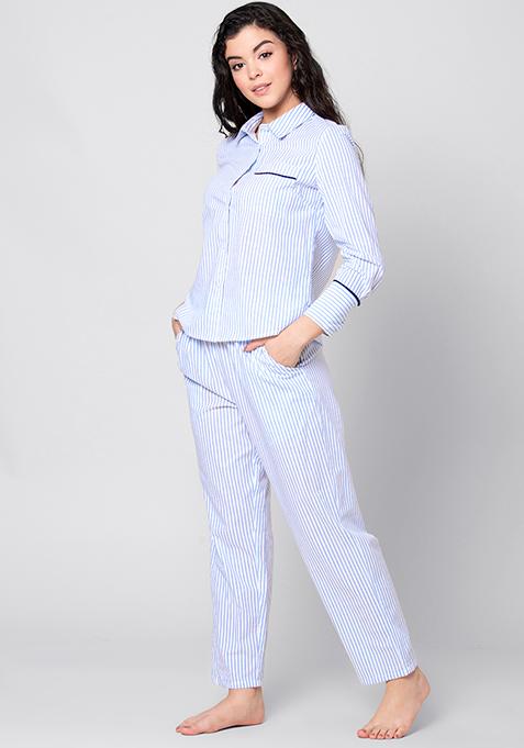 Buy Women Blue Striped Pyjama Set Pajama Sets Online India Faballey
