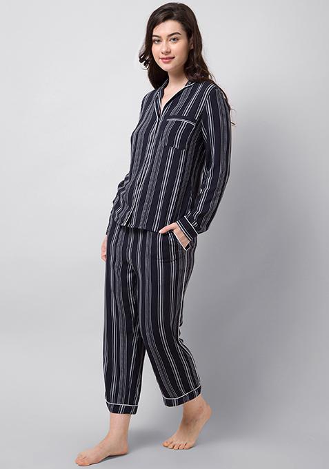 Buy Women Navy Striped Pyjama Set Trends Online India Faballey