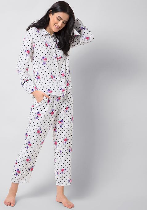 White Polka Floral Pyjama Set 
