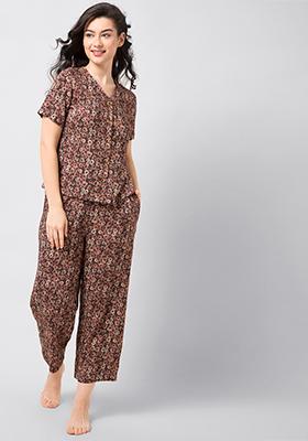 Brown Floral Pyjama Set 