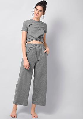 Grey Jersey Knotted Crop Top Pyjama Set 