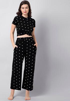 Black Polka Jersey Knotted Crop Top Pyjama Set 