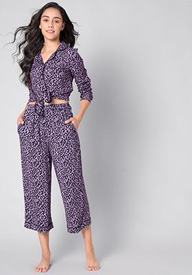 Purple Leopard Print Pyjama Shirt Set 